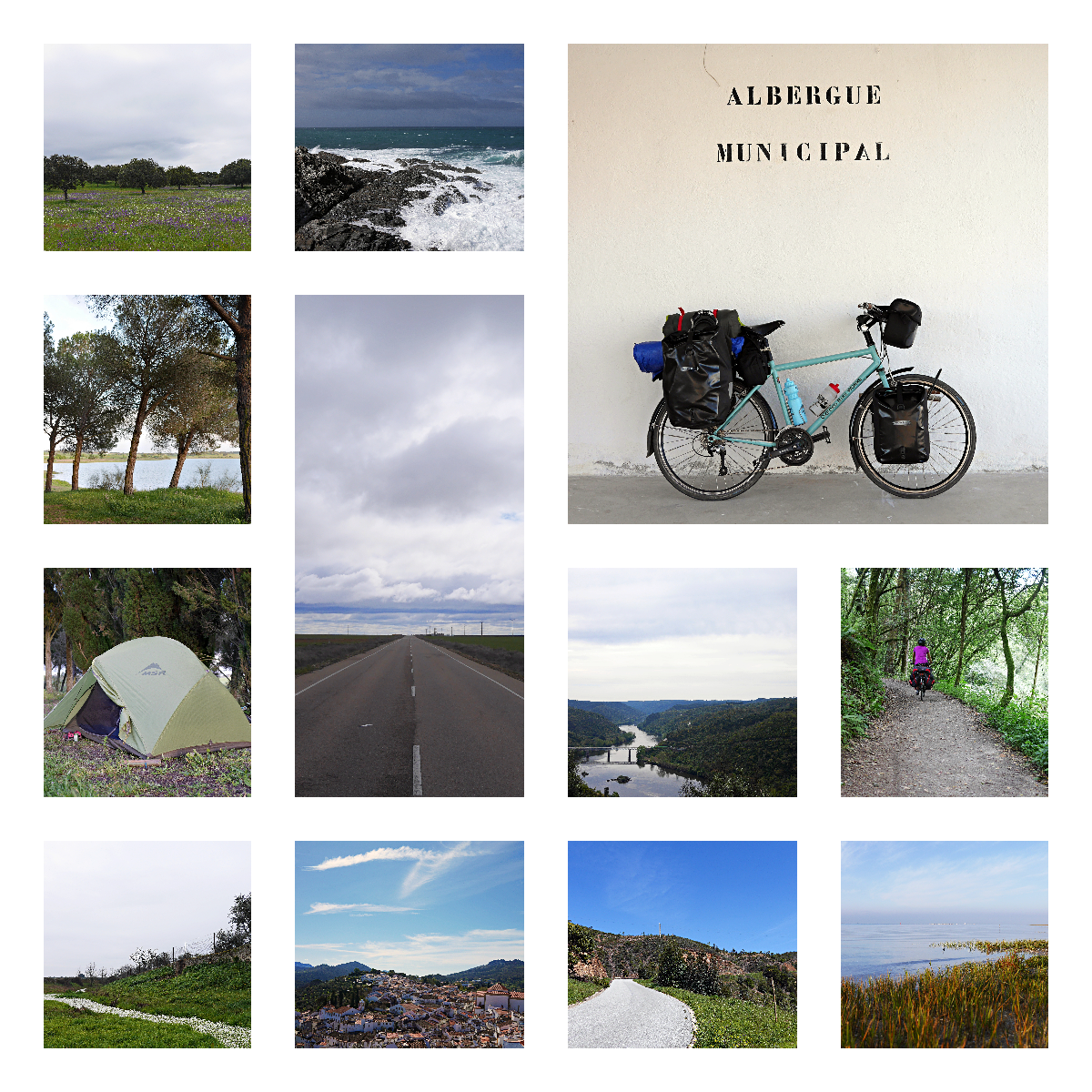 A collage of images made during the cycle tour. The images include roads, waves, other cyclist, a bicycle agaisnt a wall, peaceful lakeside.