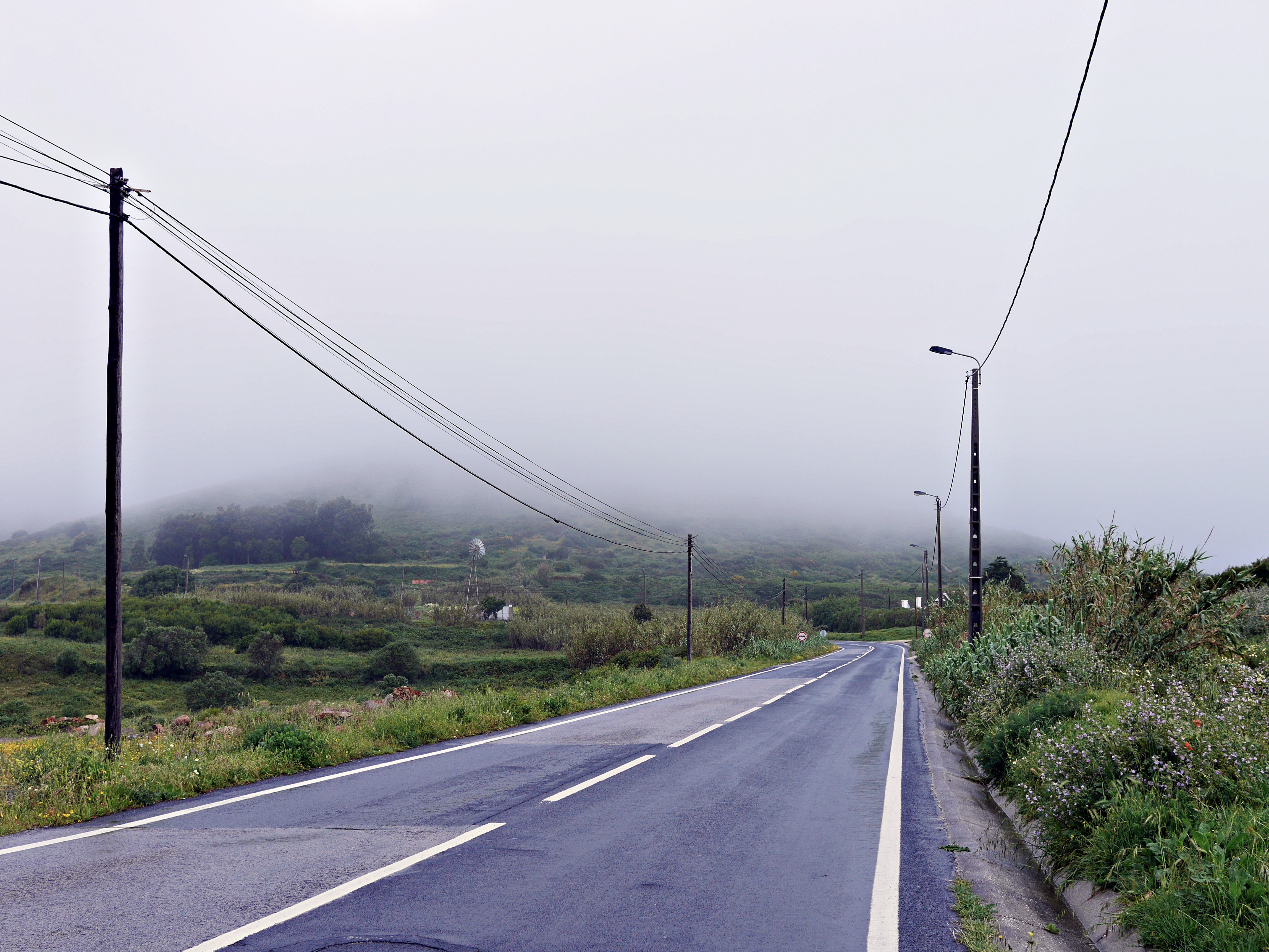A colour photograph of en empty road on a rainy and foggy day. The top half of the image is engulfed in clouds. Around the road is verdant green vegetation.